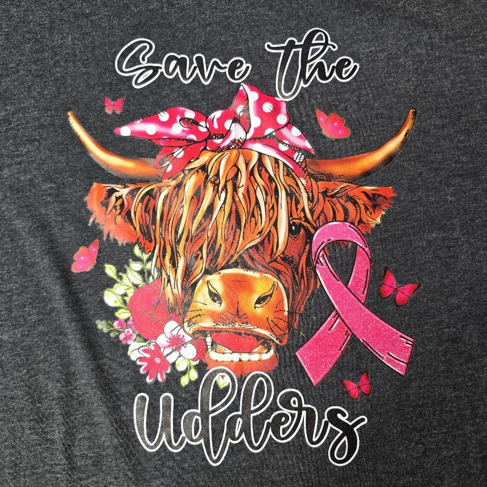 October Breast Cancer Awareness T-shirt. "Save The Udders" Scottish Highlander